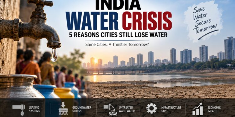 `India water crisis showing leaking pipelines, water scarcity and urban water stress`
