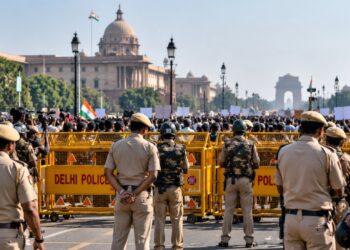 Delhi protests with police barricades and security personnel near India Gate
