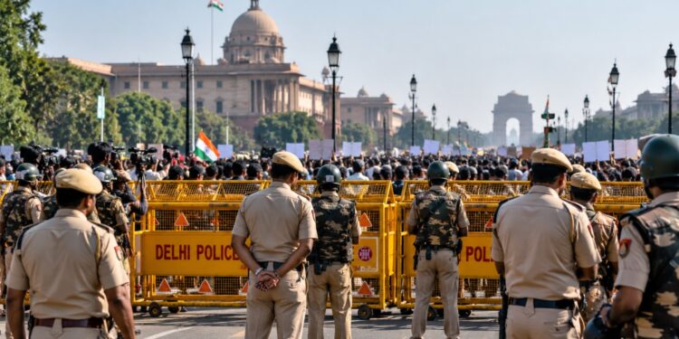 Delhi protests with police barricades and security personnel near India Gate
