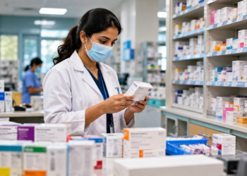 Cancer medicine price cap in India illustrated by a pharmacist examining medicine packaging