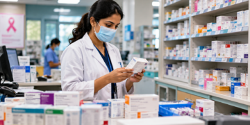 Cancer medicine price cap in India illustrated by a pharmacist examining medicine packaging