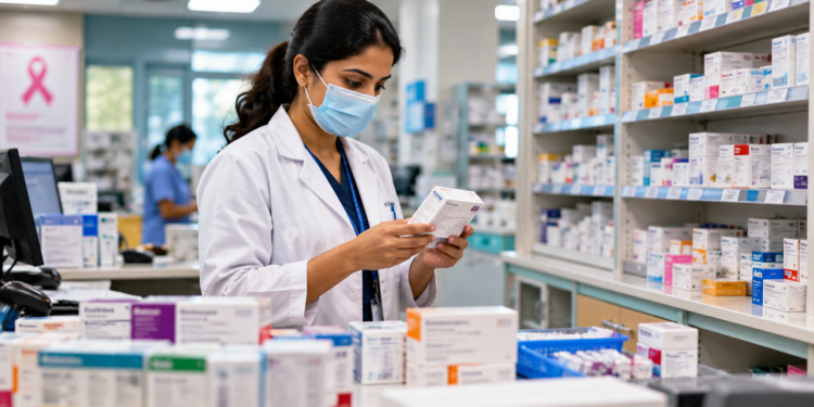Cancer medicine price cap in India illustrated by a pharmacist examining medicine packaging